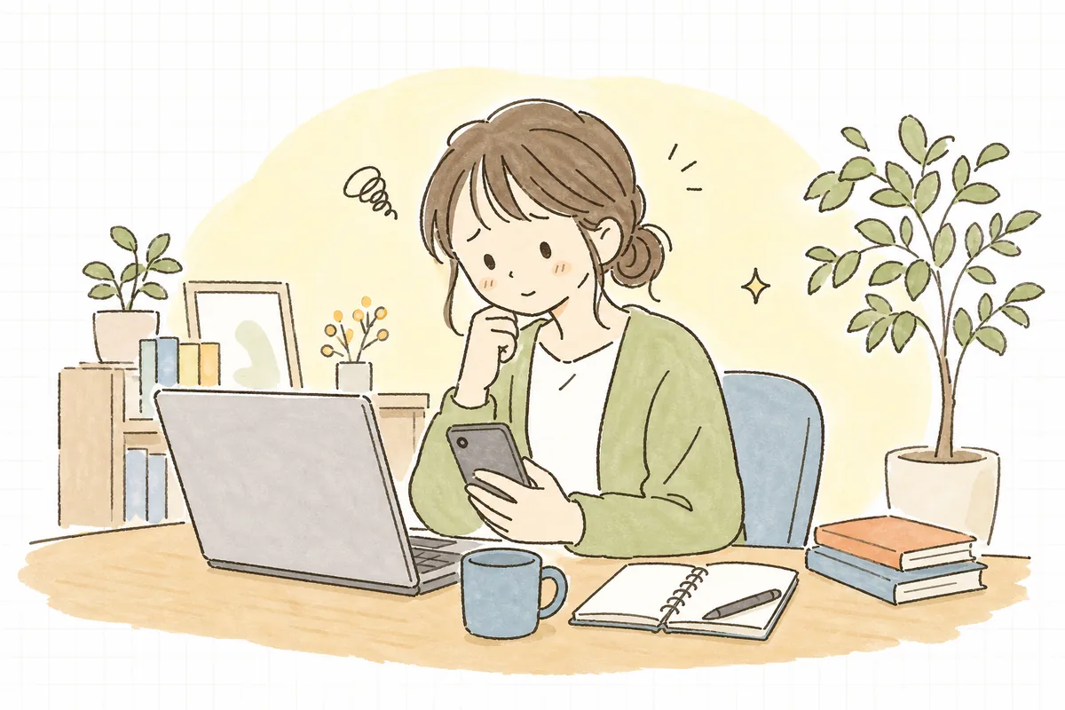 長く更新が止まったSNSアカウントの画面を前に、再開しようか迷っている企業SNS担当者の情景