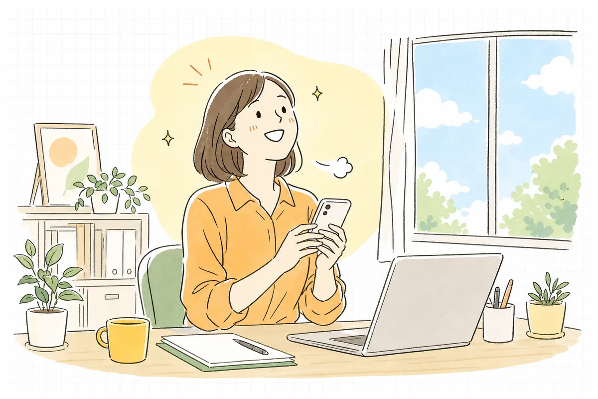 久しぶりの投稿を出し終え、肩の力が抜けて前を向く企業SNS担当者の明るい情景