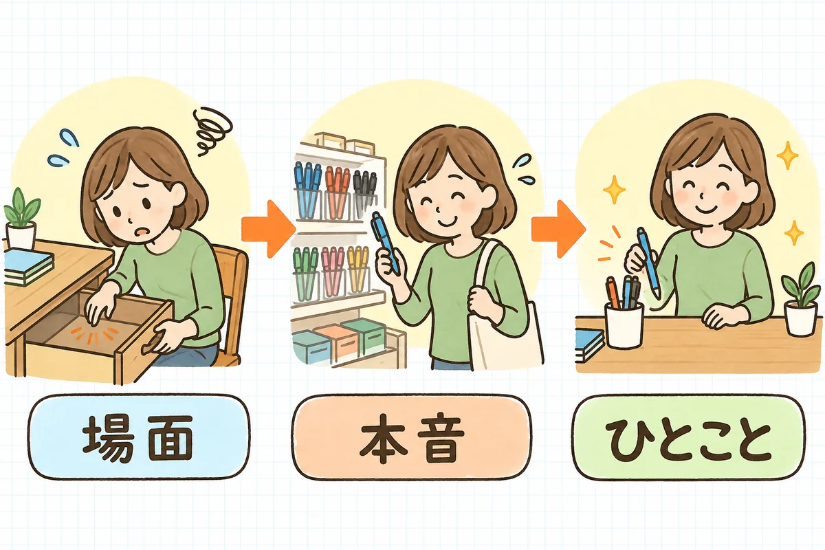 あるある投稿の組み立てを、左から「場面」「本音」「ひとこと」の3つの場面で示した図