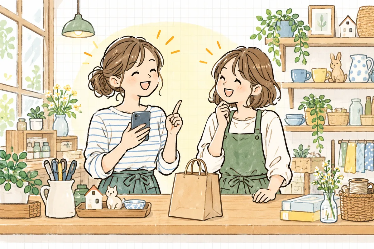 明るいお店のカウンターで、企業SNS担当者がスマートフォンにメモをとりながら、同僚と顔を見合わせて「それ、あるある」と笑い合っている情景