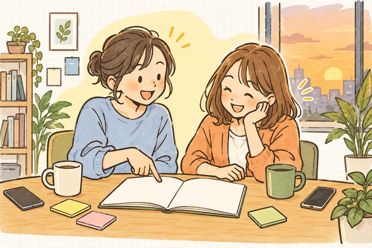 夕方のオフィスで、企業SNS担当者が同僚と一緒にノートを見ながら、次の投稿の計画を楽しそうに話している情景