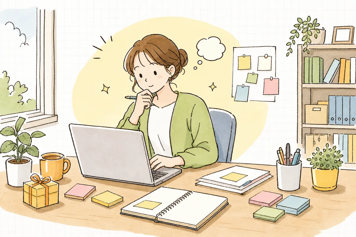 パソコンでキャンペーンの告知投稿の下書きを書きながら、どう書けば応募が集まるか考えている企業SNS担当者の情景
