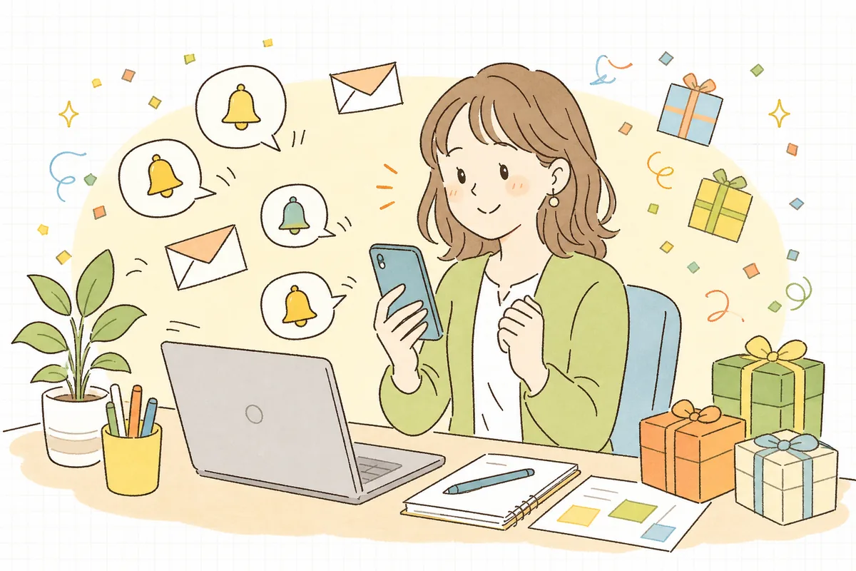 キャンペーンに応募が集まり、通知が届いて安心した表情を見せる企業SNS担当者の情景