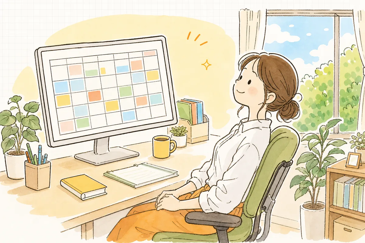 1か月分の投稿計画を立て終えて画面を眺め、見通しが立って肩の力が抜けた企業SNS担当者の前向きな情景