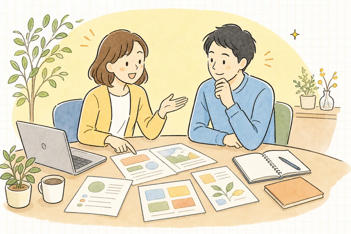 自社の担当者と外部の制作パートナーが、机をはさんでSNS運用の分担を相談している打ち合わせの情景
