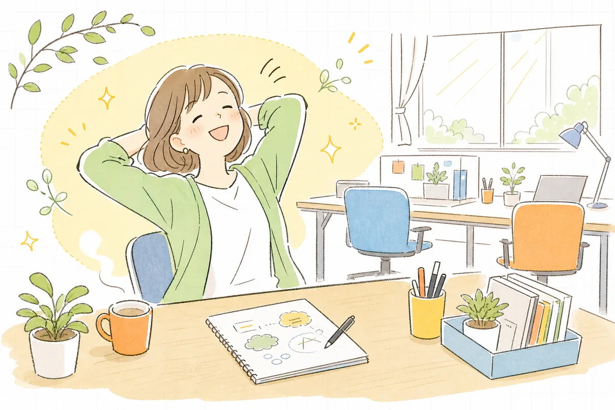 作業の一部を外部パートナーに任せ、肩の荷が下りて前向きな表情になった企業SNS担当者の情景