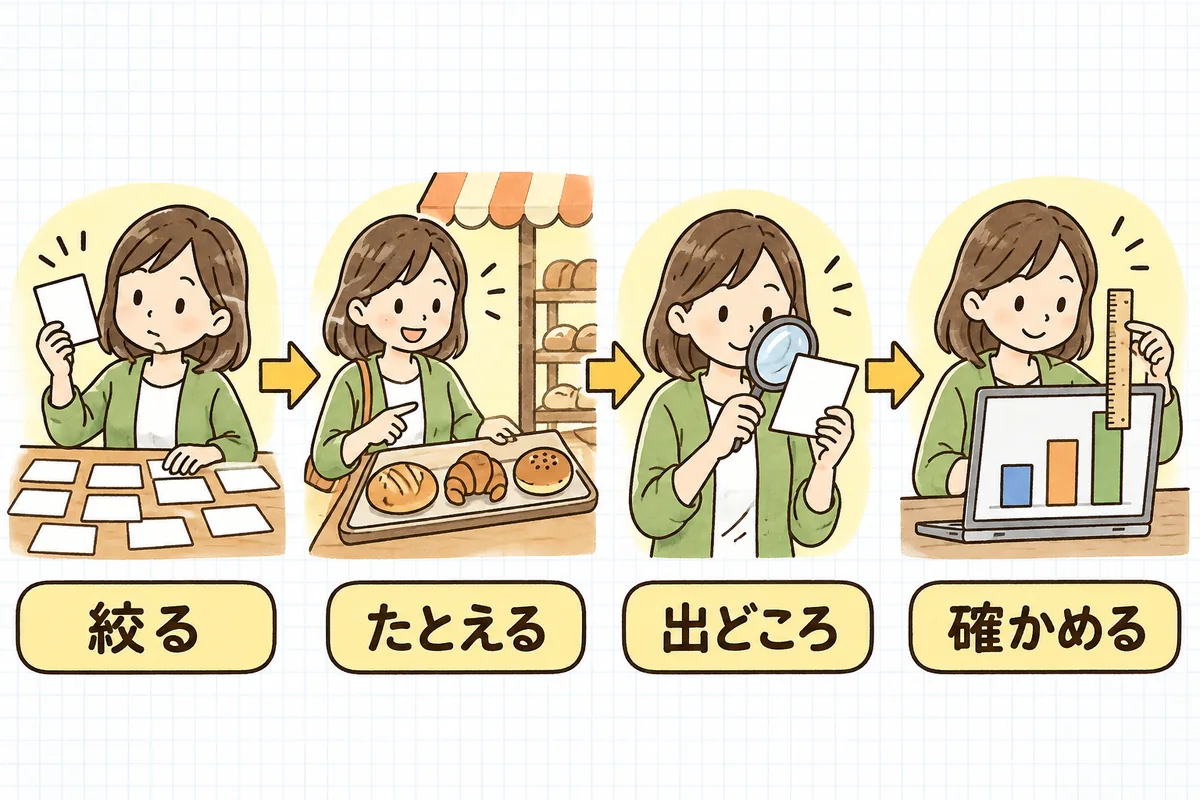 データ投稿の組み立てを、左から「絞る」「たとえる」「出どころ」「確かめる」の4つの場面で示した図