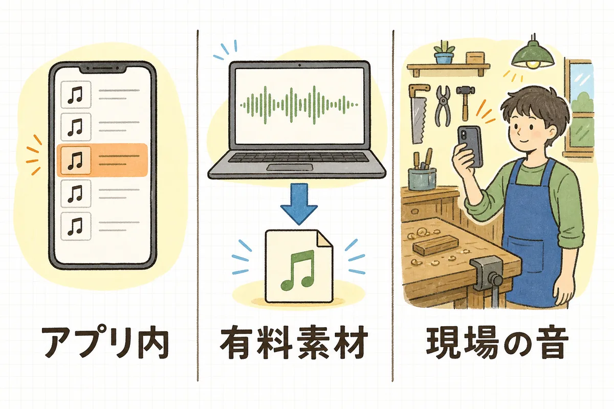 企業SNS動画で使える音源の3つの選択肢（アプリ内・有料素材・現場の音）を並べて示した図