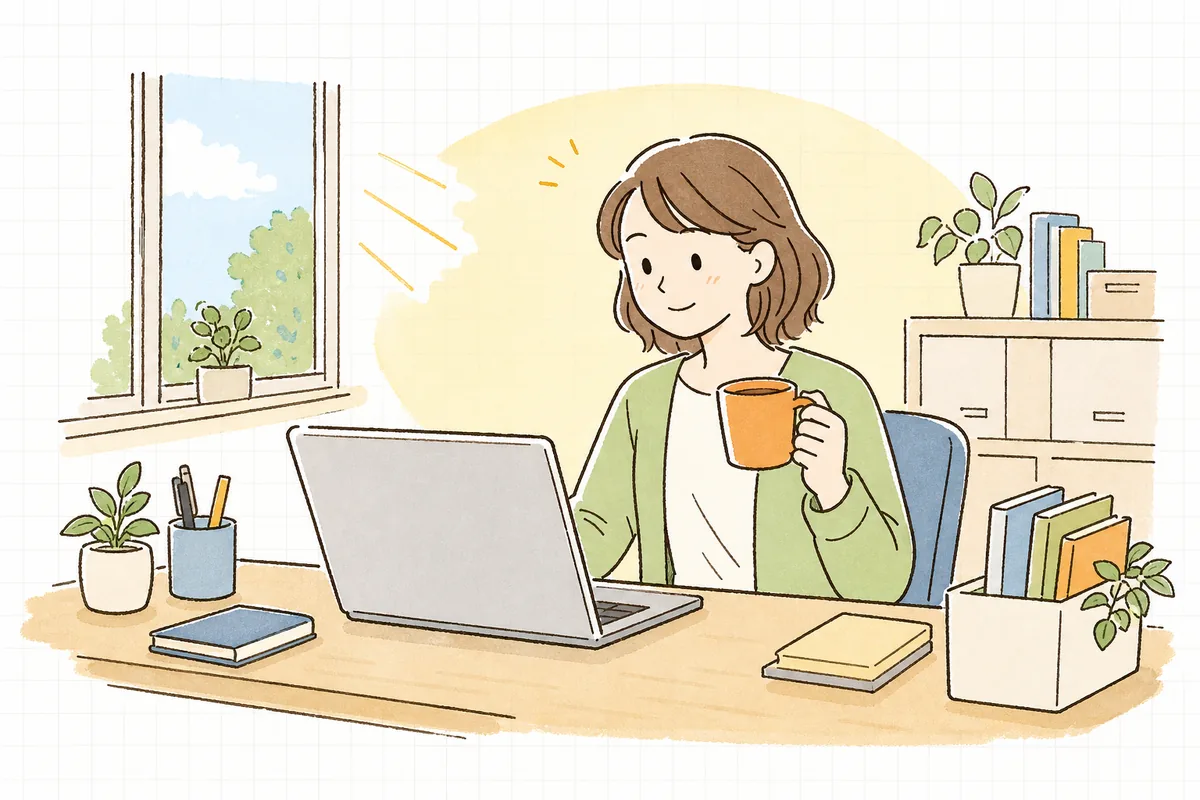 朝のオフィスで、コーヒー片手に落ち着いた表情で自社名の検索結果を確認している企業SNS担当者の情景
