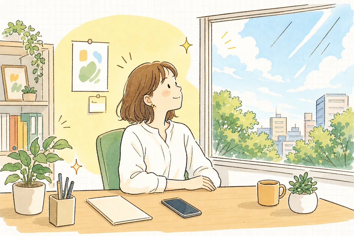 一日の終わりにスマホを置き、肩の力を抜いて穏やかな表情で窓の外を眺める企業SNS担当者の明るい情景