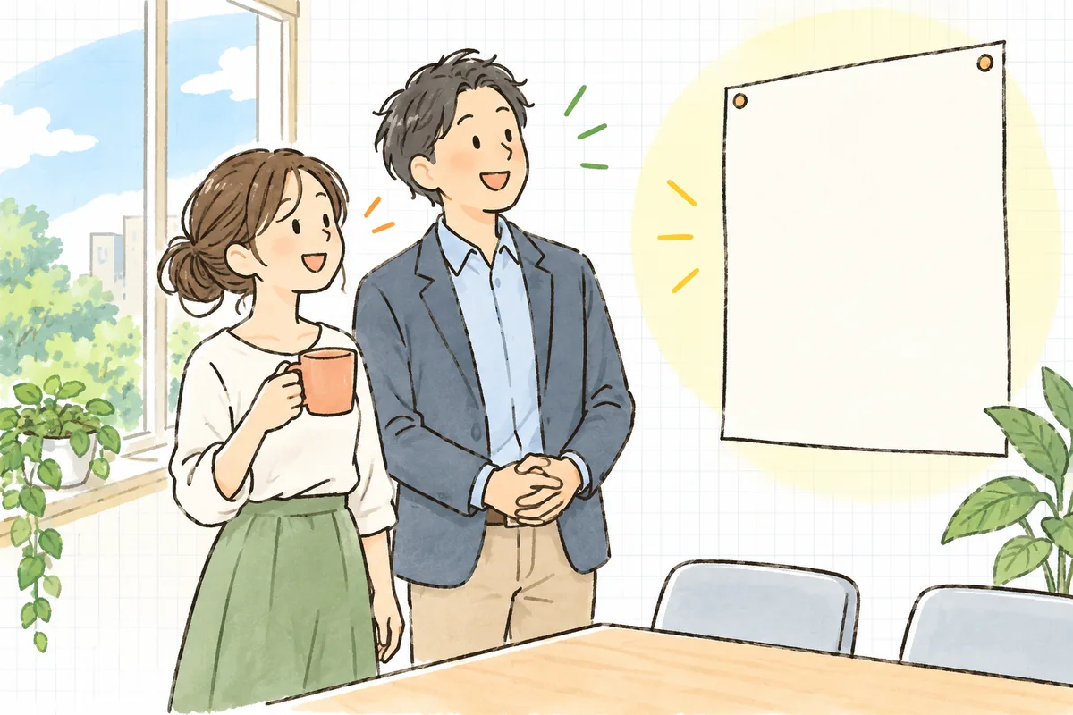 朝の明るい会議スペースで、SNS担当者と上司がコーヒーを手に穏やかに笑い合い、壁に貼った1枚のシートを前に「これで次は大丈夫」と前を向いている情景