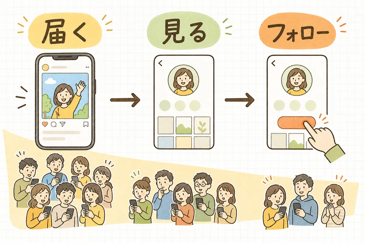 フォローに至る「届く→見る→フォロー」の3段階と、どこで人が離れるかを示した図
