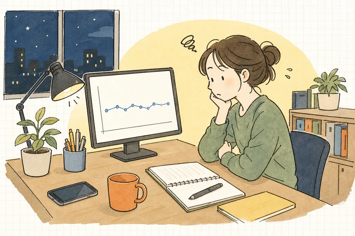 夜のオフィスで、伸び悩むフォロワー数の推移グラフを静かに見つめる企業SNS担当者の情景