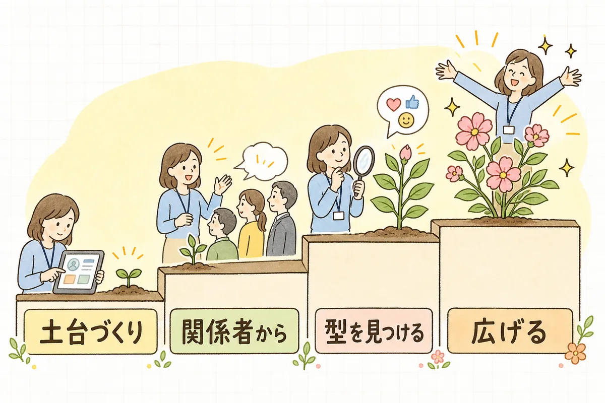 左から右へ上っていく4段の階段。各段に育っていく植物と担当者が描かれ、下に段階の名前が書かれた図