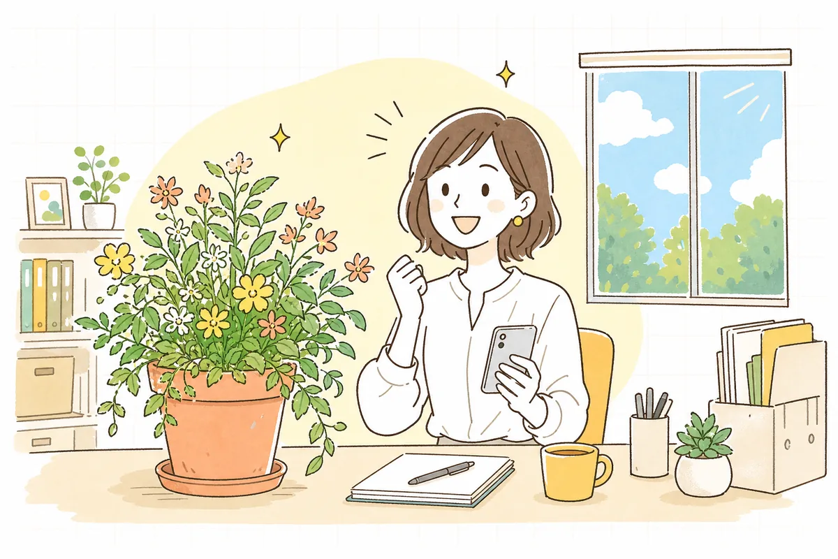 育った植物の前で、次の投稿に向かって明るく前を向く企業SNS担当者の情景
