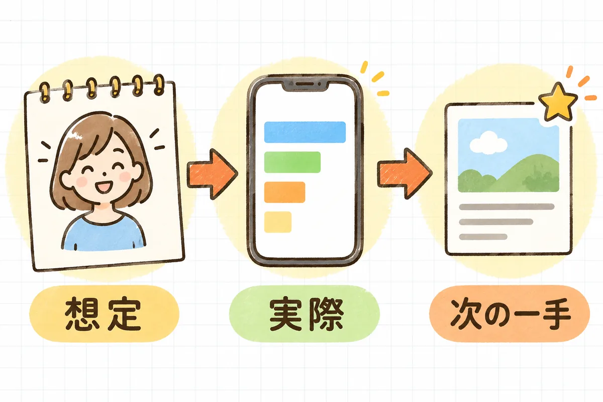 左から「想定」「実際」「次の一手」の3列で、想定読者のメモ、分析画面の棒グラフ、調整した投稿カードを並べ、属性データの使い方を示した図