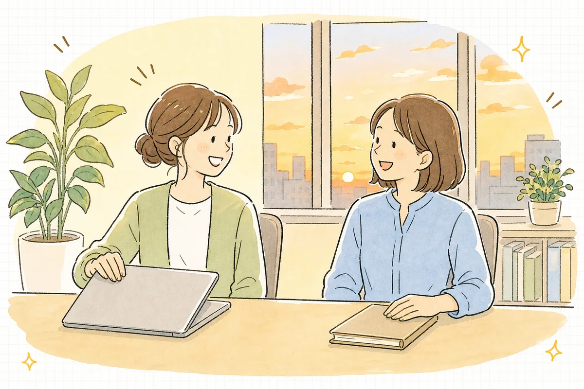 2人の企業SNS担当者が並んで机で作業を終え、おだやかな表情で顔を見合わせている情景