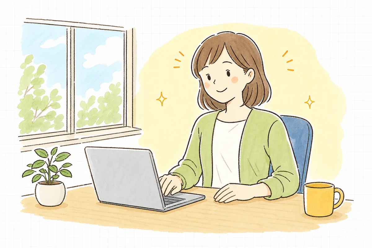 自社用の発注ひな形を作り終えて、安心して次の依頼を送っている企業SNS担当者の明るい情景