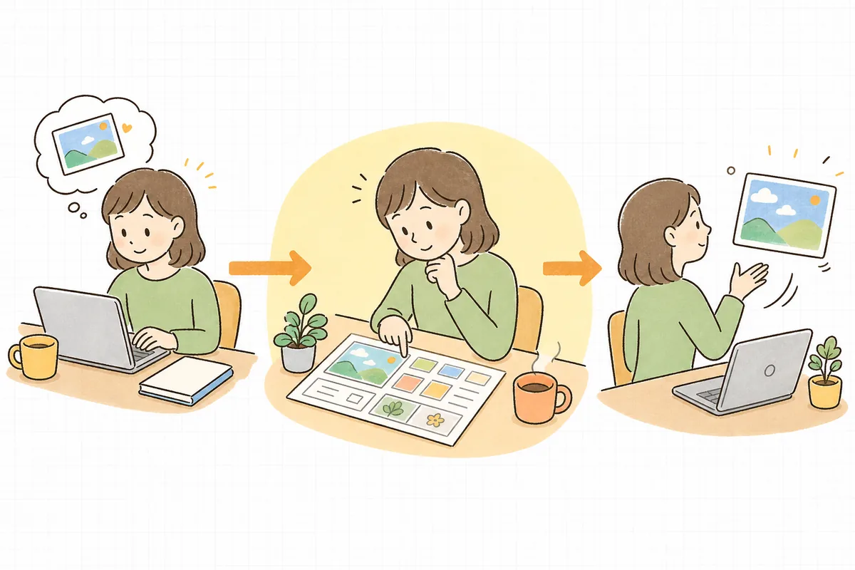 投稿を作って出すまでの流れの途中に、ガイドラインを見て確認する瞬間が自然に組み込まれているようすを示した図