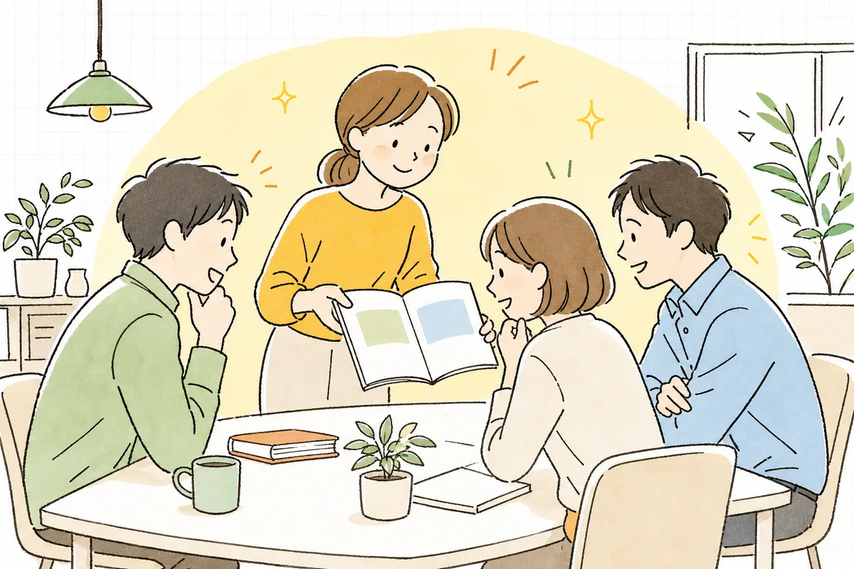 せっかく作ったSNS運用ガイドラインが読まれず机の隅で眠っていたのが、少人数の同僚に手渡され読み合わせが始まった情景