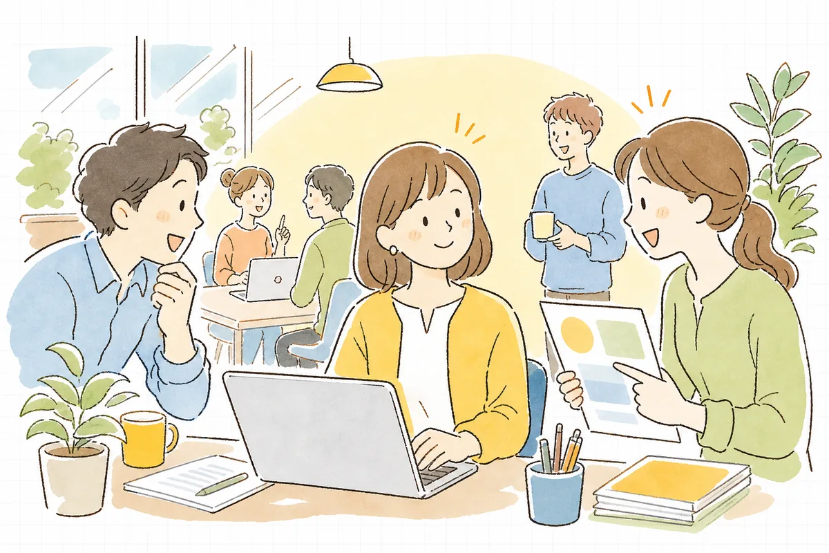 ガイドラインが社内の数人に読まれ根づき始め、担当者がひとりで抱え込まずに投稿の相談を受けられるようになった前向きな情景
