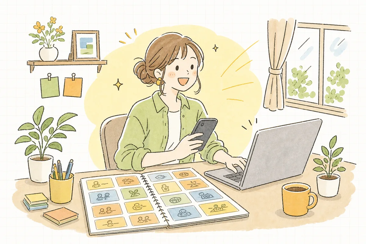 SNS担当者が業種別のお題リストを手に、迷わず次の投稿にとりかかり、晴れやかな表情でいる情景