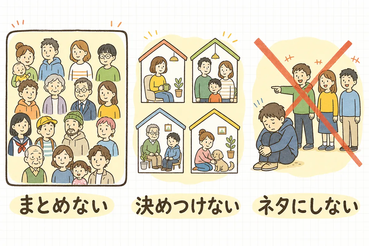 投稿文を読み返すときに使う3つの問い(まとめない・決めつけない・ネタにしない)を並べて示した図