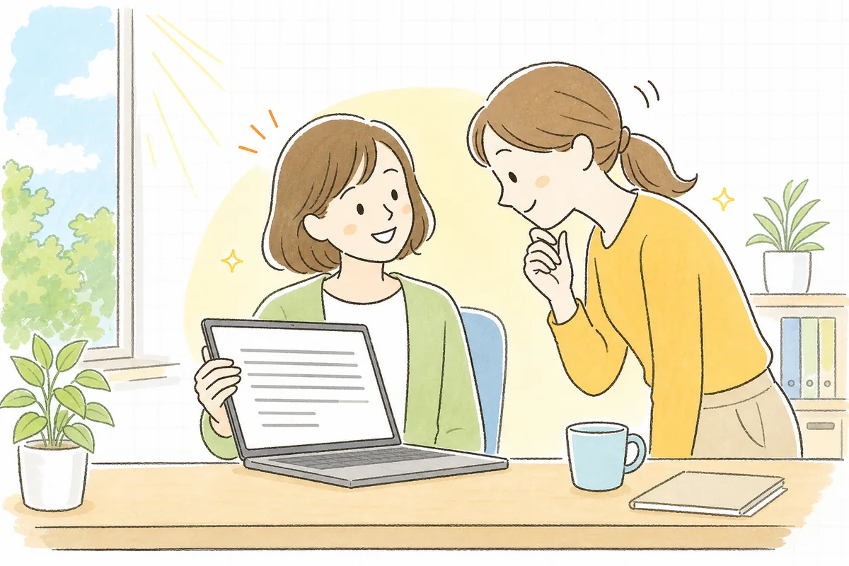 書き上げた投稿文を同僚に見てもらい、落ち着いて送信できるようになった企業SNS担当者の明るい情景