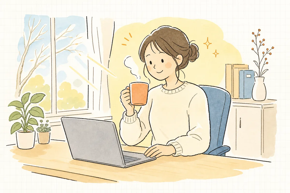 繁忙期を越えた冬の朝のオフィスで、企業SNS担当者が温かい飲み物を片手に、ノートパソコンの画面を見ながら穏やかにほほえんでいる情景