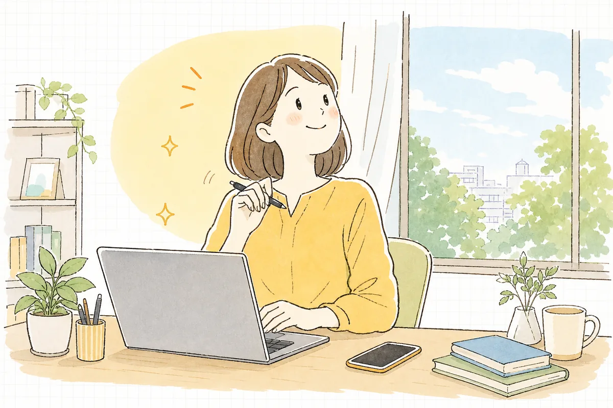 投稿文の型が身につき、迷いなく書き上げて前向きに一息つく企業SNS担当者の情景