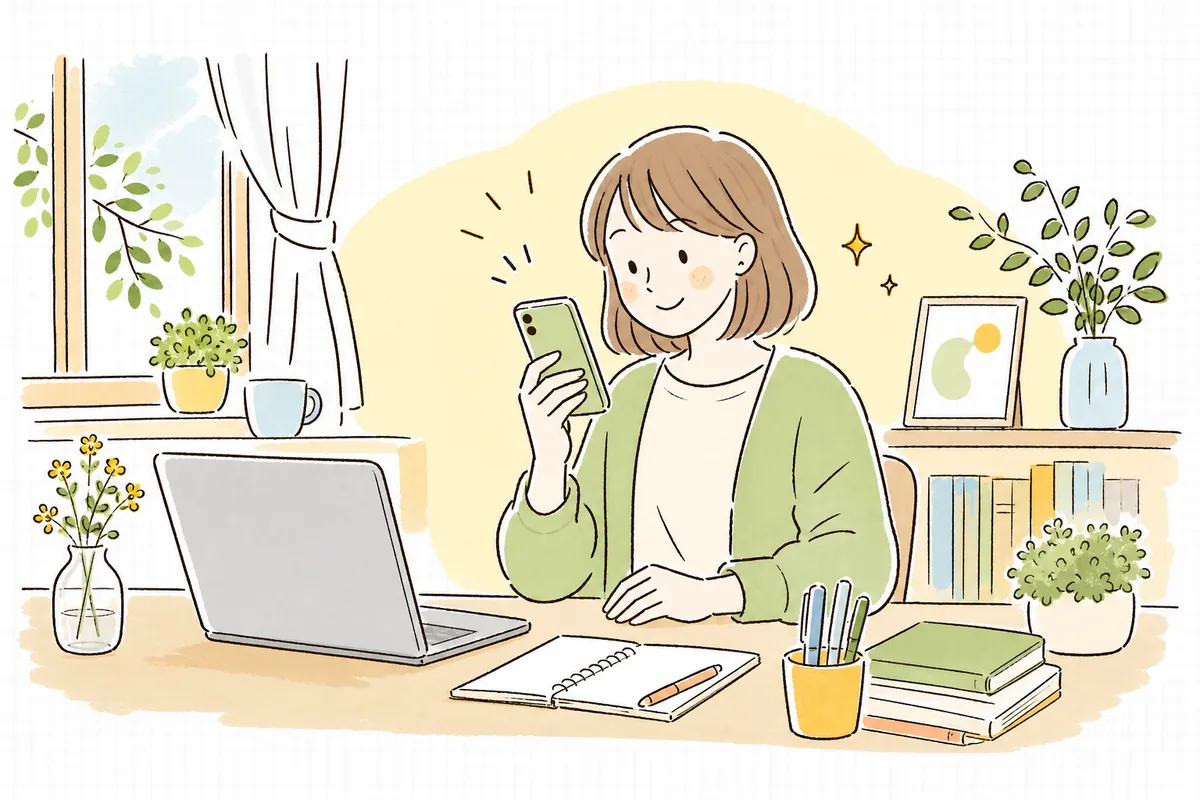 投稿の最後でハッシュタグを何個付けるか迷い、スマートフォンを手に少し考え込んでいた担当者の表情がやわらぐ情景