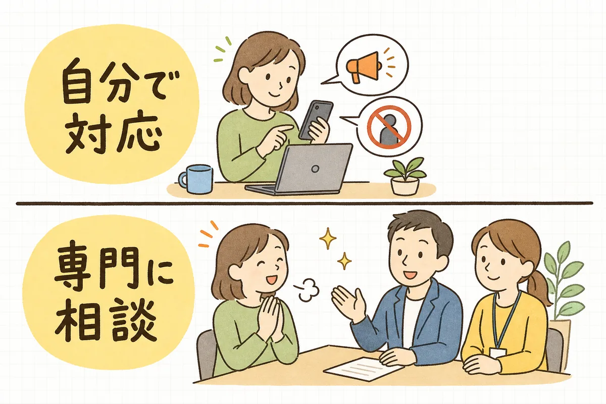 通報・ブロックで対応できる範囲と、社内の広報・法務や専門窓口につなぐべき範囲の線引きを示す図