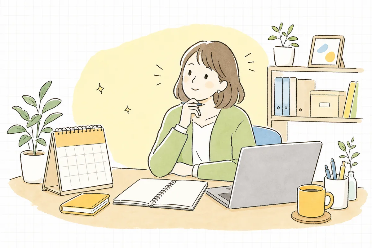年明けや期初に「今年のSNSどうしよう」とカレンダーとノートを広げ、少し途方に暮れながらも計画を立て始めようとしている、ひとり運用のSNS担当者の情景