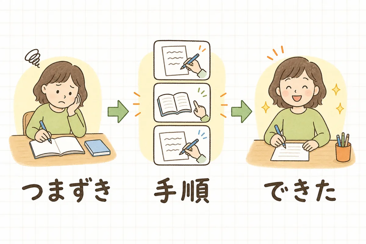 左のつまずきを、中央で小さな手順に分け、右で「できた」に変わるハウツー投稿の流れを示した図
