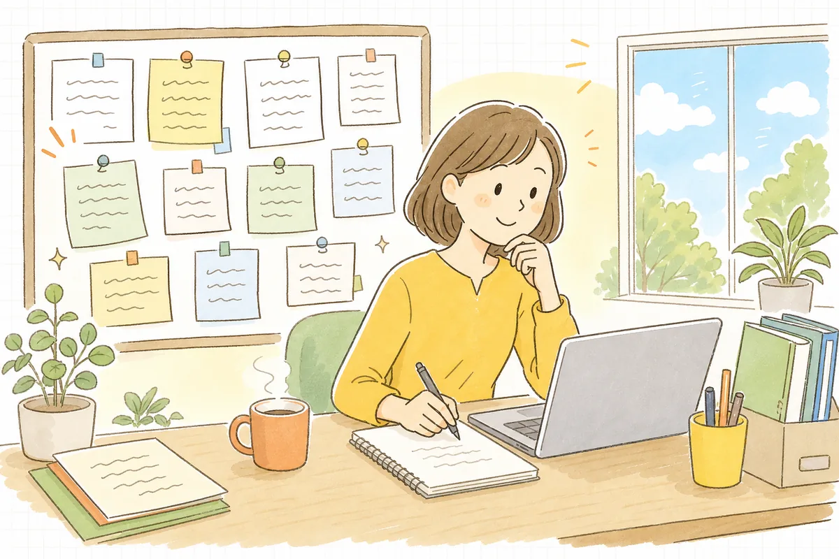 自分のノウハウが投稿になり、ネタに困らなくなって明るい表情の企業SNS担当者の情景