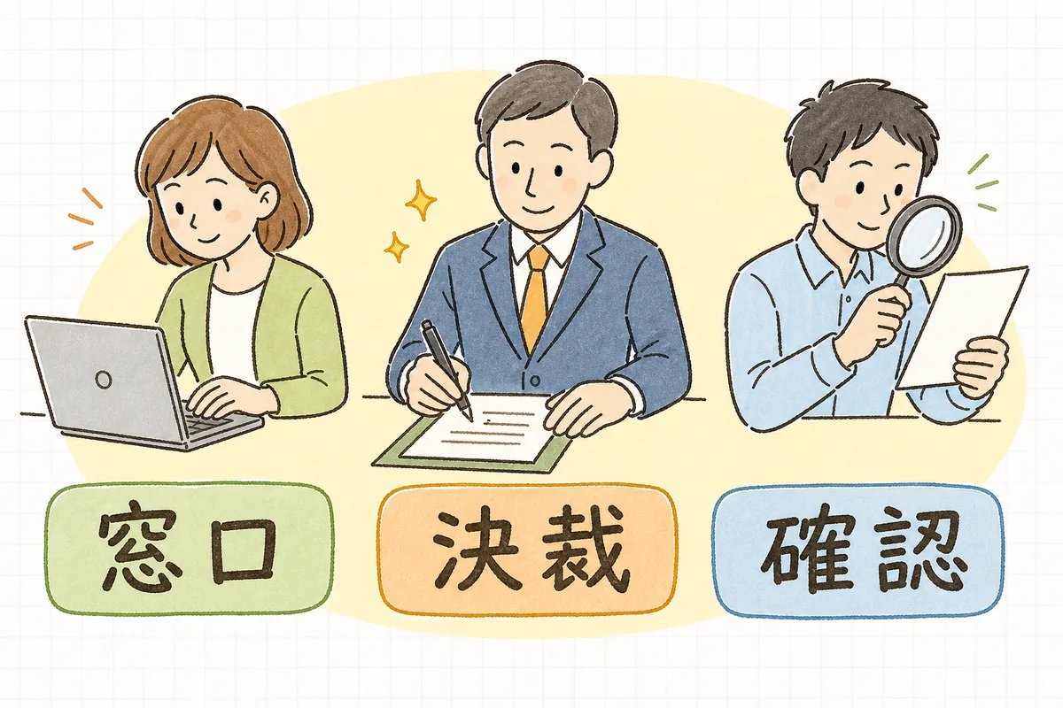 インフルエンサー施策を進めるときの社内の3つの役割(窓口・決裁・確認)を並べて示した図解
