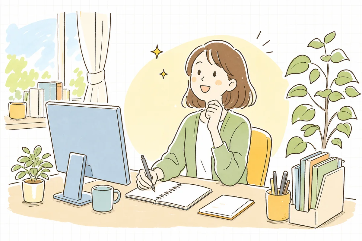 分析画面を見終えて表情が晴れ、次にやることが見えて前向きに一息ついている企業SNS担当者の情景