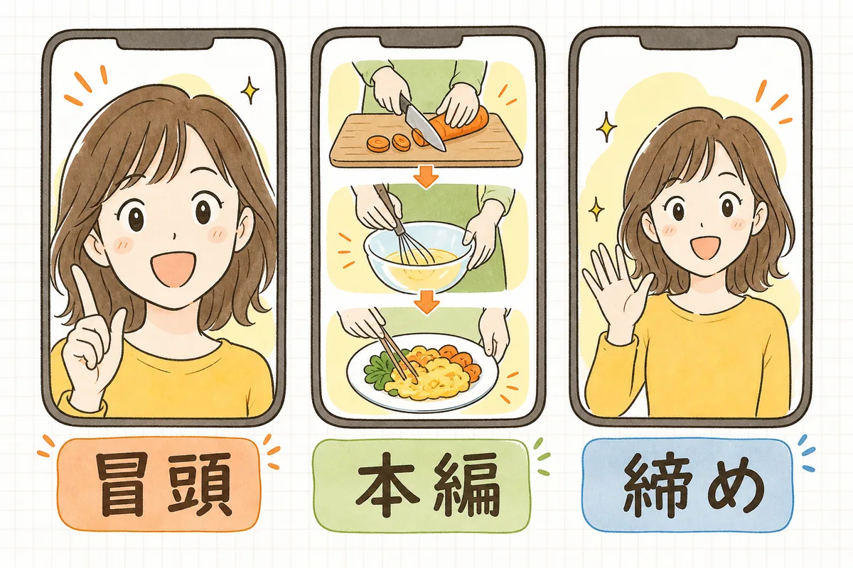 リール動画を「冒頭・本編・締め」の3ブロックに分けて構成する考え方を示した概念図