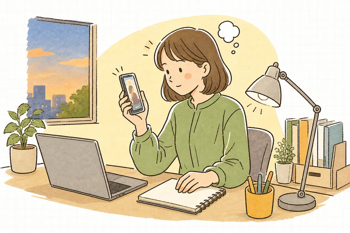 スマホを縦に構えてリール動画の冒頭を何度も見返しながら、構成を考え直している企業SNS担当者の情景