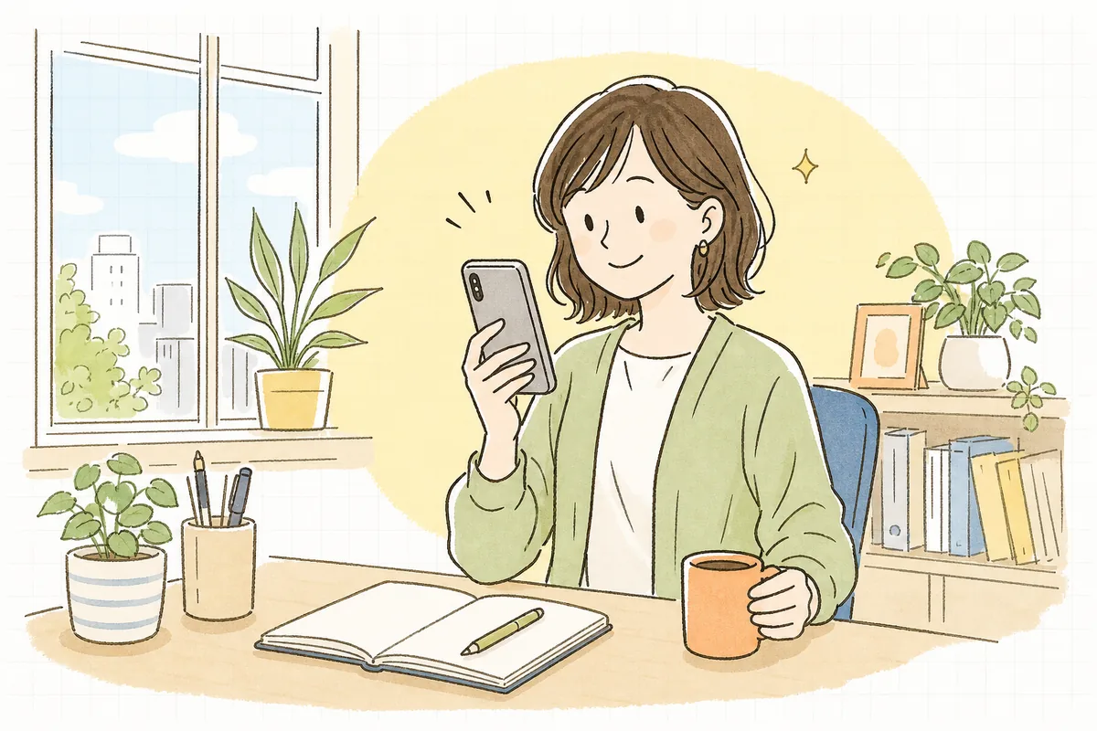 完成したリール動画を見返して、手応えを感じて少し表情がゆるんでいる企業SNS担当者の情景