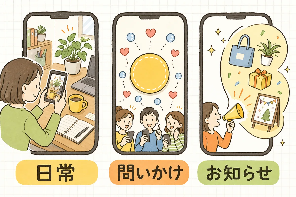 ストーリーズの使い道を「日常」「問いかけ」「お知らせ」の3つに分けて示した概念図