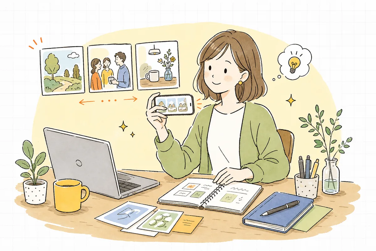 スマホでカルーセル投稿を横にスワイプしながら、複数枚の画像の並び順を考えている企業SNS担当者の情景