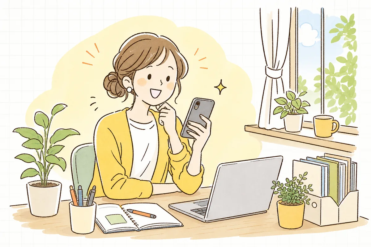 並べ替えたカルーセル投稿を見て表情が晴れ、手ごたえを感じて前向きに一息ついている企業SNS担当者の情景