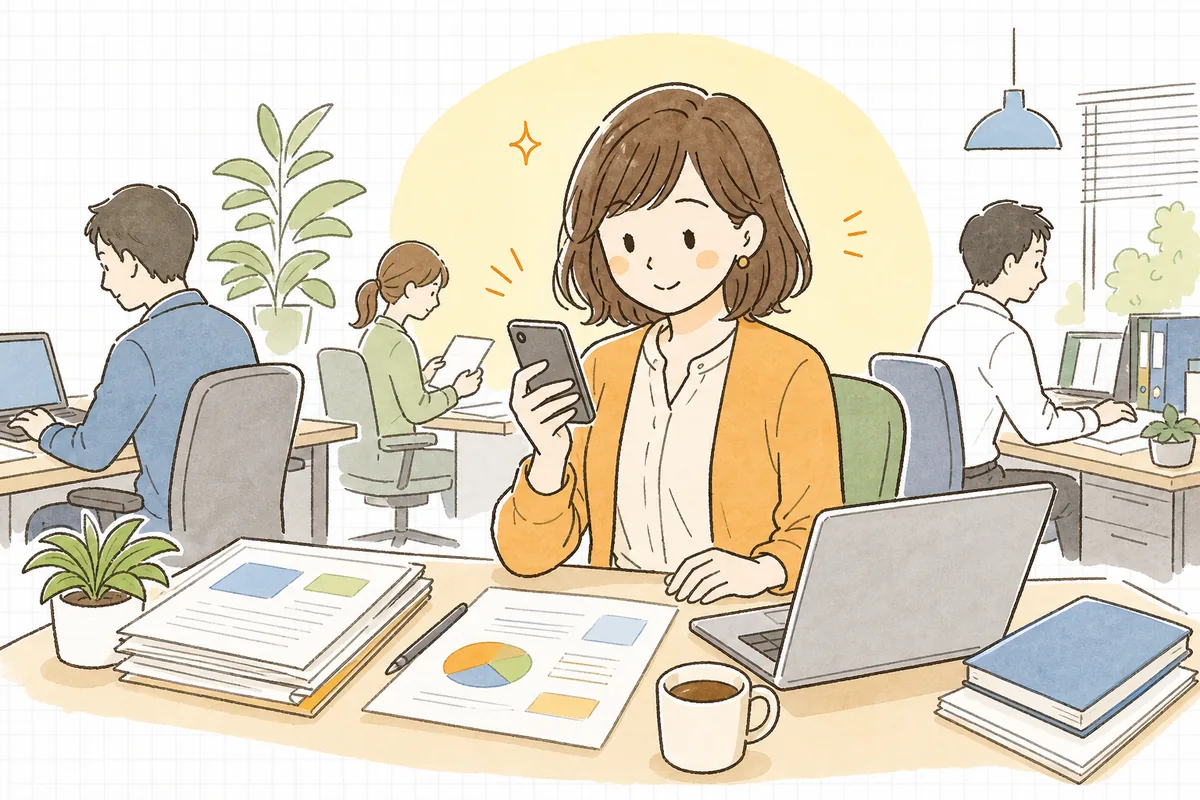 本業の合間にスマホを片手に短時間でSNSを確認する、兼務の企業SNS担当者の落ち着いた情景