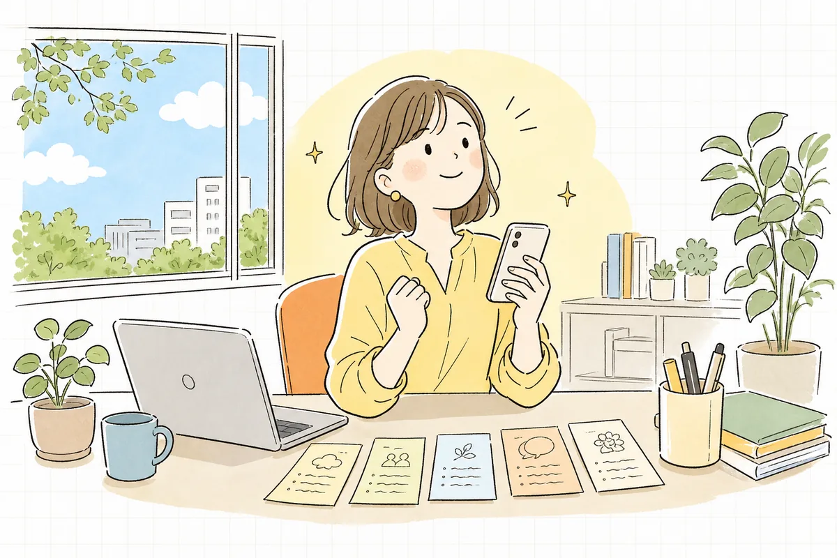 初投稿を終えて、これから続けていく手応えを感じながら前を向く企業SNS担当者の明るい情景