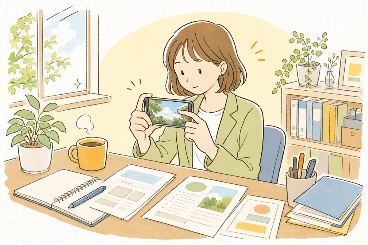 投稿前にスマートフォンの写真を拡大して、背景に何か写り込んでいないか静かに確認している企業SNS担当者の情景