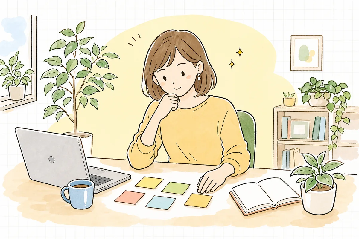 パソコンの前で複数のSNSのどれを選ぶか、付箋を見ながら落ち着いて考えている企業SNS担当者の情景