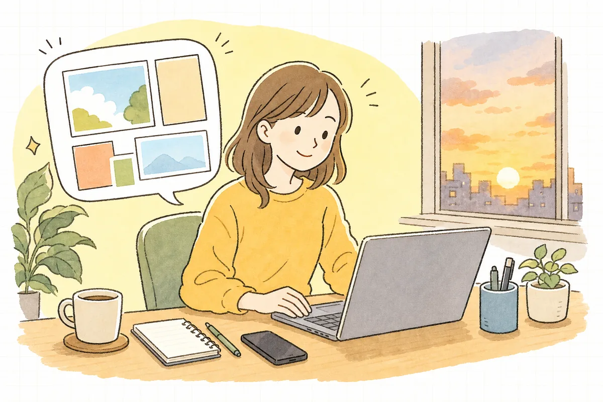 パソコンでデザインツールを開き、投稿画像を落ち着いて仕上げている企業SNS担当者の情景