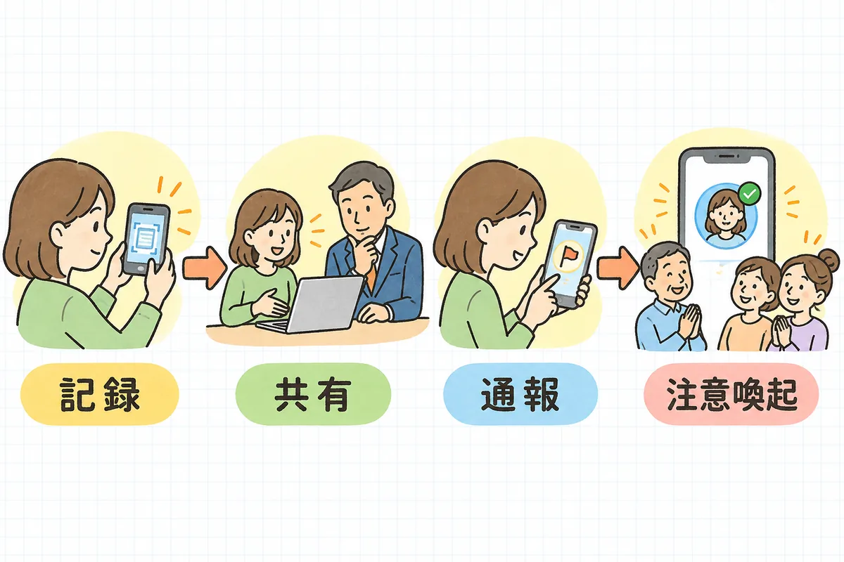 偽アカウントを見つけたあとの対応を、左から「記録」「共有」「通報」「注意喚起」の4つの場面で順番に示した図