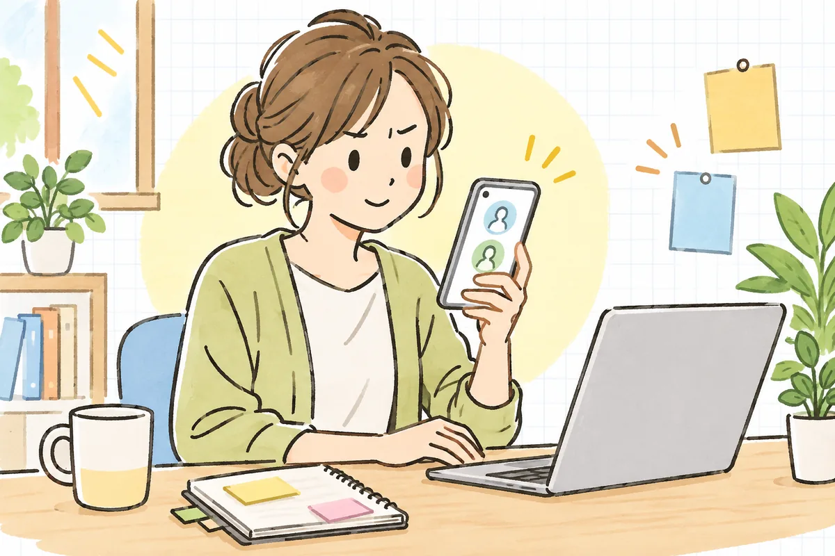 オフィスのデスクで、企業SNS担当者がスマートフォンに並んだ自社とそっくりな2つのアカウント画面を見比べ、落ち着いて確認している情景
